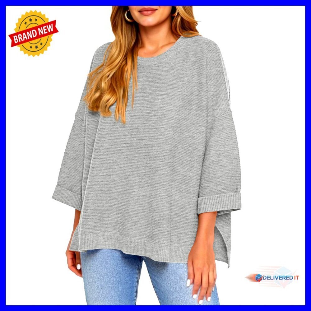 Oversized Ribbed Knit Sweater Pullover 3/4 Sleeve Loose Fit Tunic